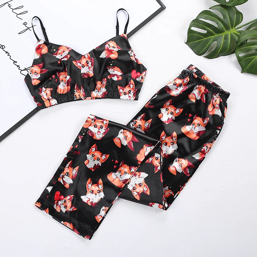 Women's Spaghetti Strap Fox Printed Pajama Set