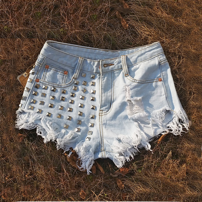 Rivet Ripped High Waist Shorts - Image 4